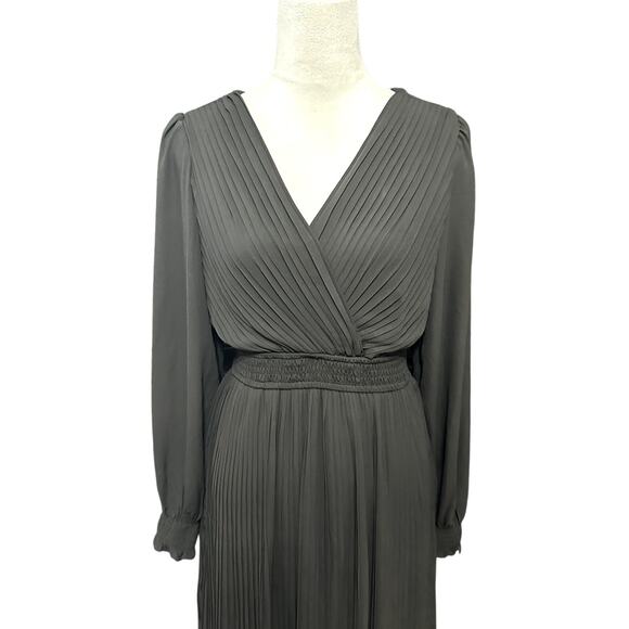 August Sky Midi Dress Pleated V-Neck Balloon Sleeve Elastic Waist Black W S NWOT - Picture 3 of 9